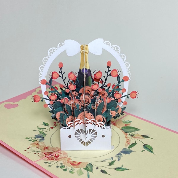 Champagne And Roses Gift Basket 3D Card- Pop Up Flower Mother's Day Card - Floral Thank You Card - Pop Up Flower Birthday - Get Well Card