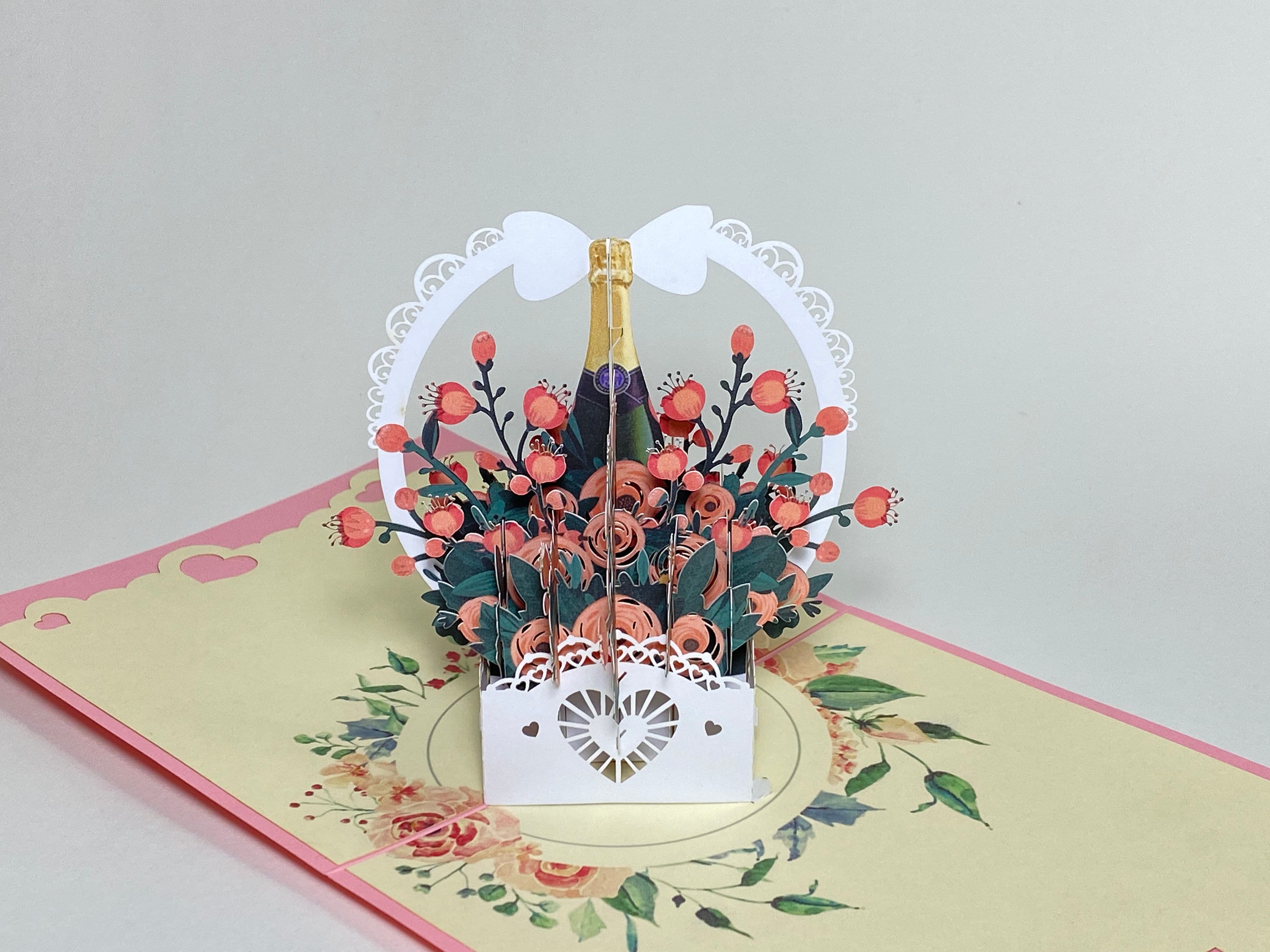 Champagne And Roses Gift Basket 3D Card- Pop Up Flower Mother’s Day Card - Floral Thank You Card - Pop Up Flower Birthday - Get Well Card