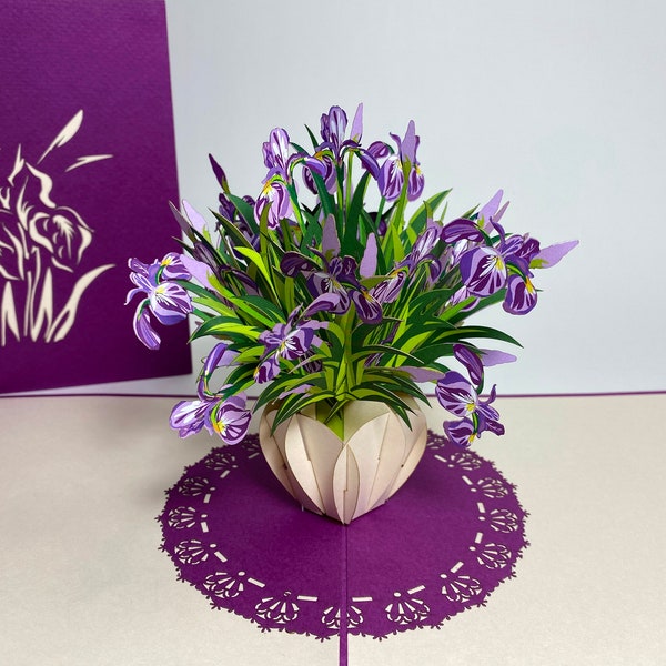Purple Iris Vase - Pop Up Mother's Day Card - 3D Purple Flower Birthday Card - Pop Up Floral Thank You Card - Gifts for mom - Birthday Card
