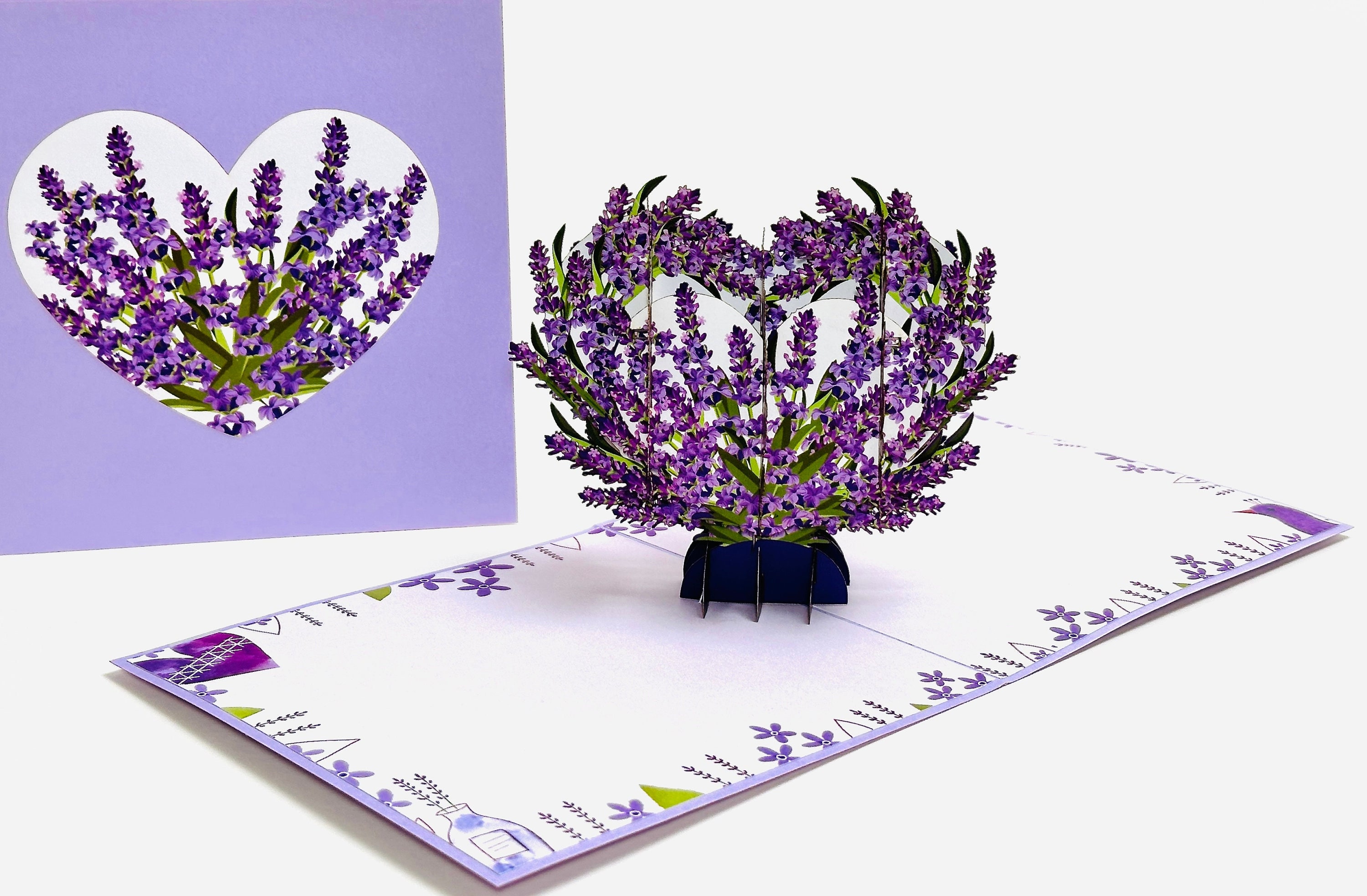 3D Lavender Heart Pop Up Birthday Card - Pop Up Lavender Lover Card - Valentine’s Day Pop Up Card - Lavender Get Well Card - Good Luck Card