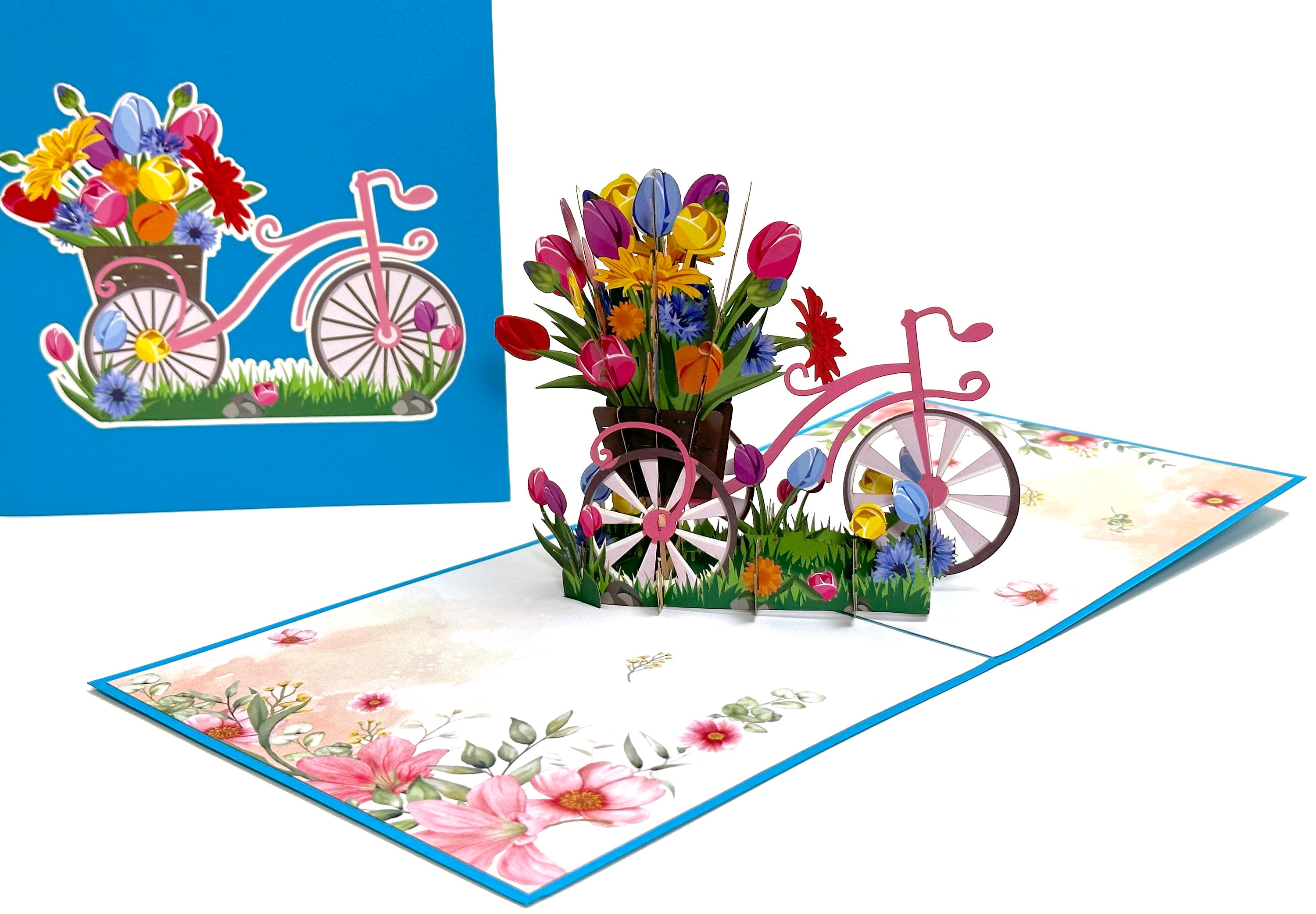 Bicycle With Tulip Basket - 3D Flower Birthday Card - 3D Pop Up Tulips Card - Valentines Pop Up Card - Tulips Get Well Card - Good Luck Card