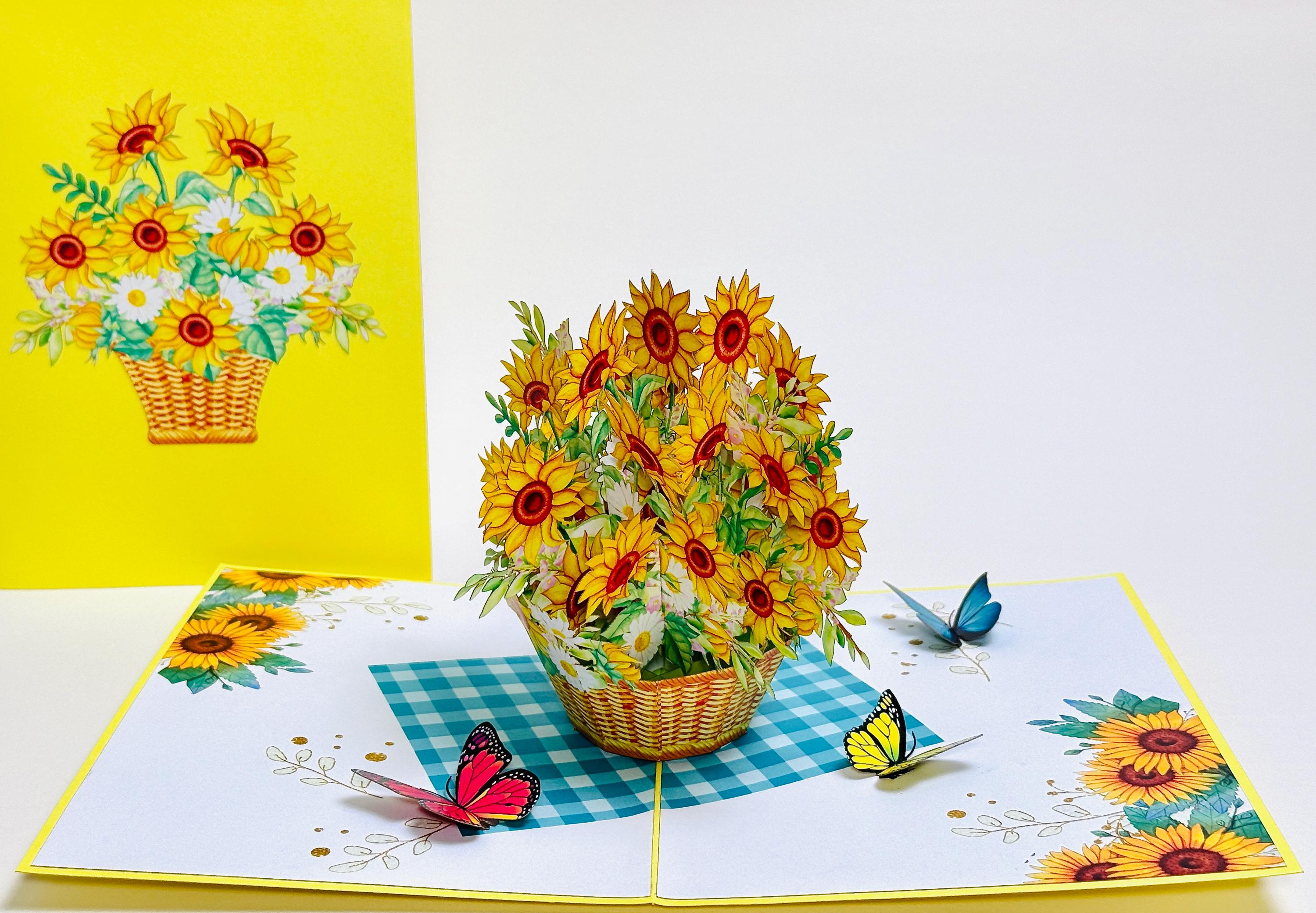 Sunflower Basket With Butterflies Pop Up Mother’s Day Card - 3D Sunflowers Card - Floral Thank You Card - Birthday Card - Good Luck Card