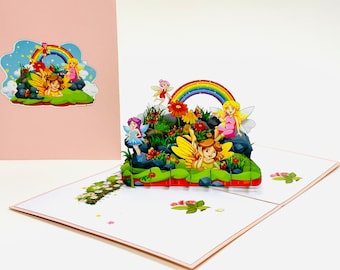 Fairy Pop UP Card - Cute Fairies In Garden Birthday Card - Funny Kid's Birthday Party Pop Up Card -  3D Funny Get Well Card - Good Luck Card