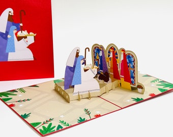 Nativity Scene 3D Christmas Card - Pop Up Nativity Christmas Card - Religious Christmas Pop Up Card - Red Christmas Card - Christmas Popup