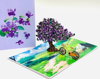 Bougainvillea Tree with Bicycle Pop Up Card - Mother's Day Card- 3D Paperflower Pop Up Birthday Card- Valentines Pop Up Card- Get Well Card