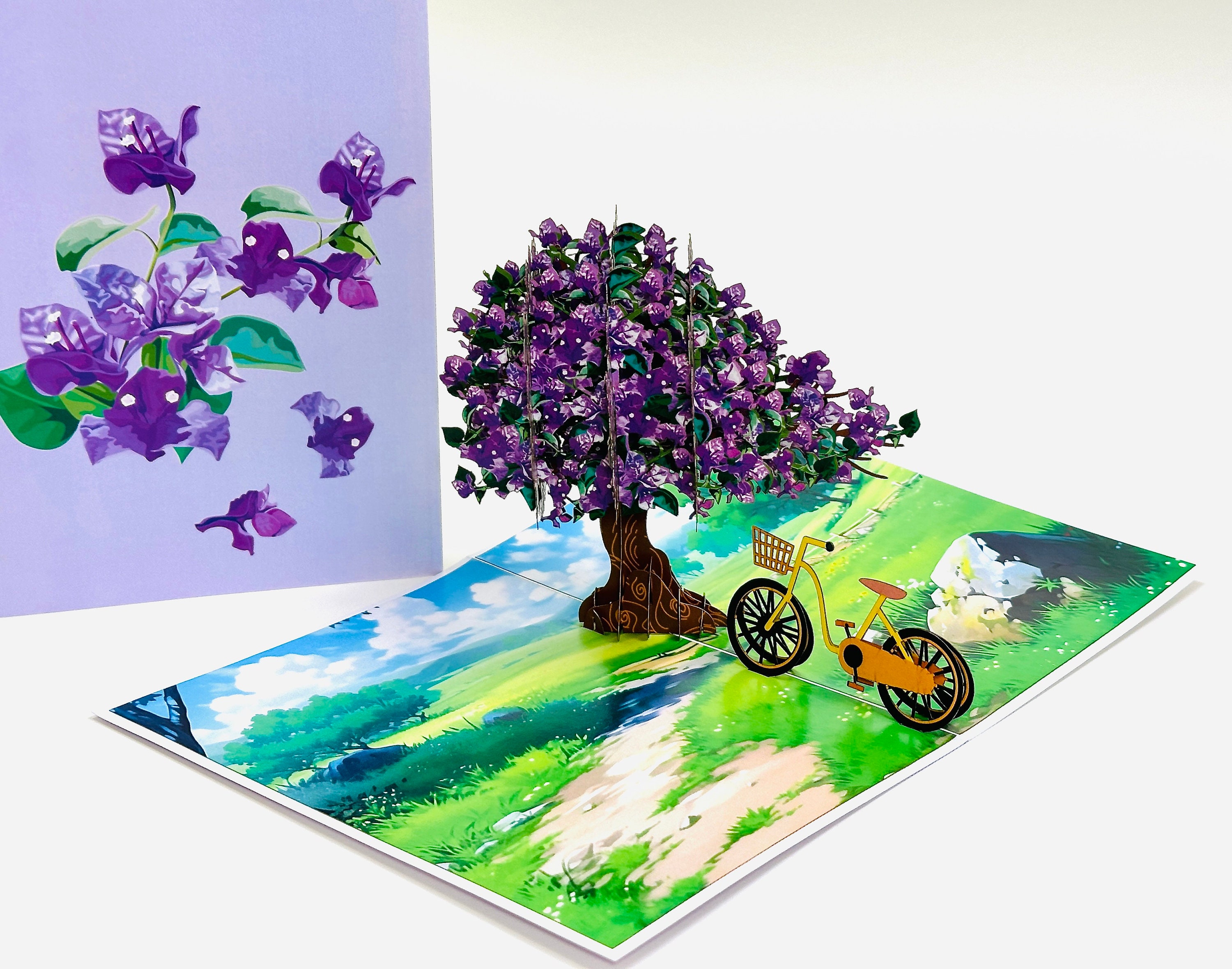 Bougainvillea Tree with Bicycle Pop Up Card - Mother’s Day Card- 3D Paperflower Pop Up Birthday Card- Valentines Pop Up Card- Get Well Card