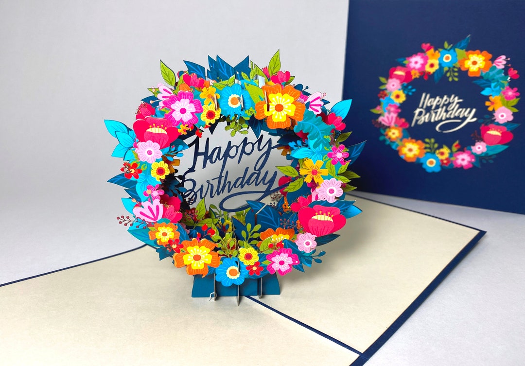 3D Flower Wreath - Handmade Pop up Happy Birthday Card - Birthday ...