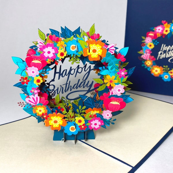 3D Flower Wreath - Handmade Pop Up Happy Birthday Card - Birthday Wreath Pop Up Card - Birthday Cards - Unique Floral Birthday Card