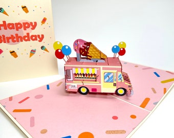 3D Ice Cream Truck - Handmade Pop Up Happy Birthday Card - Ice Cream Birthday Pop Up Card - Funny Birthday Card For Kids-Birthday Popup card