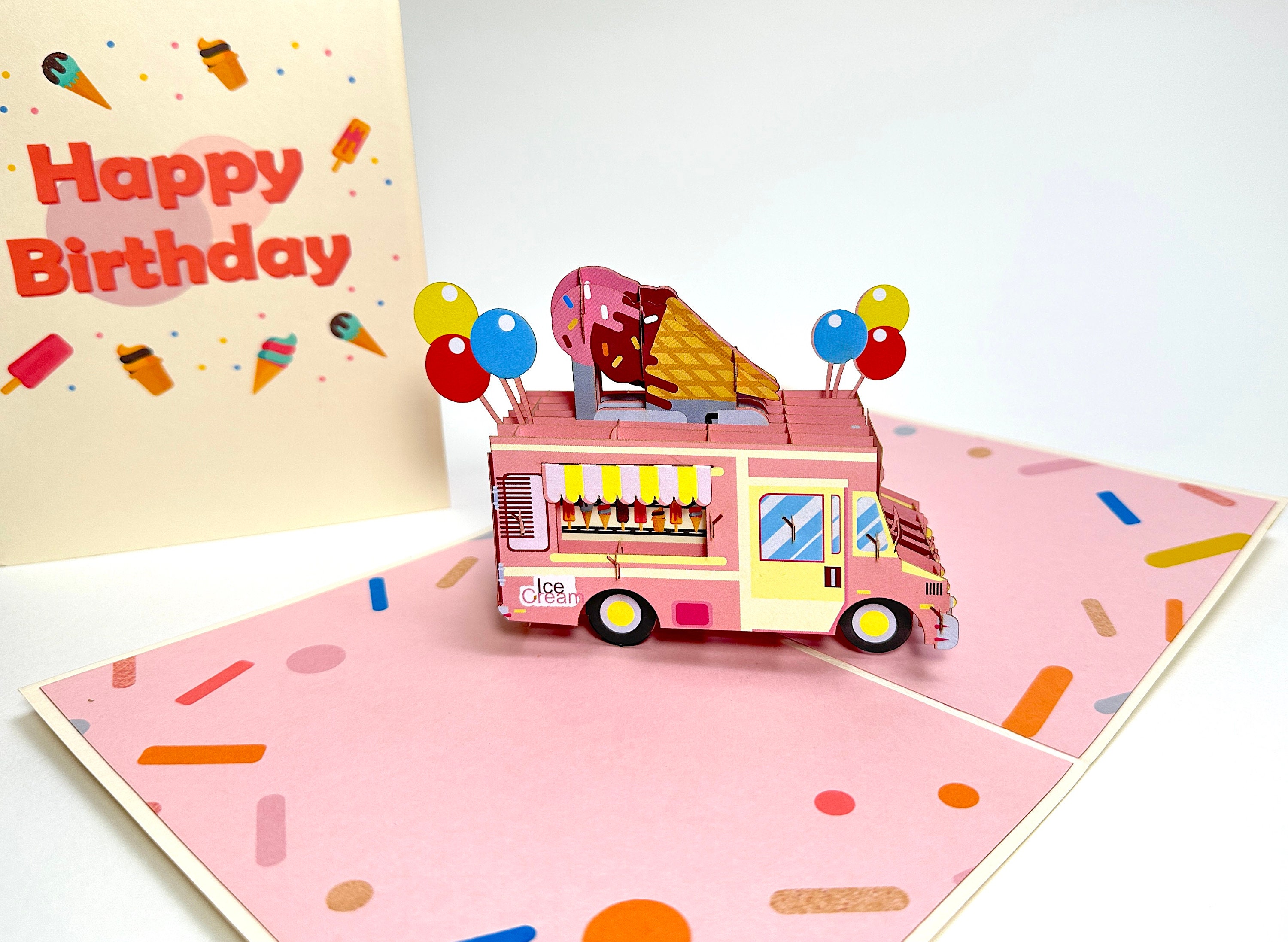 3D Ice Cream Truck - Handmade Pop Up Happy Birthday Card - Ice Cream Birthday Pop Up Card - Funny Birthday Card For Kids-Birthday Popup card