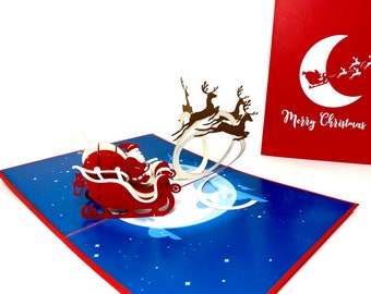 Christmas Night - Flying Santa Sled Christmas Card - Santa Claus & Reindeer Pop Up Card- Pop Up Merry Christmas Santa Sleigh Decoration Card