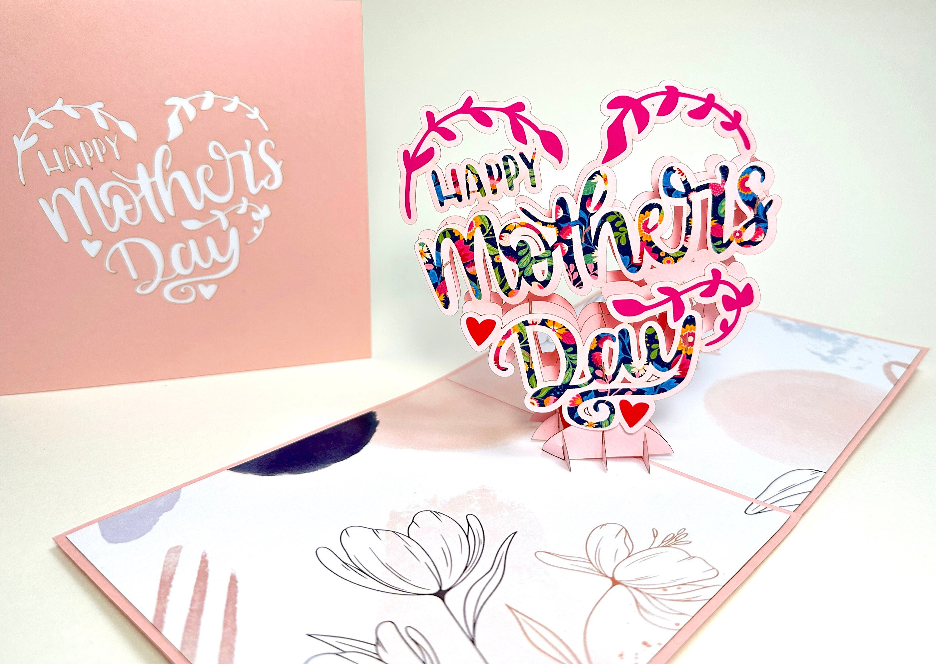 Happy Mother’s Day - Pop Up Mother’s Day Card - 3D Pink Flower Heart Card - Pop Up Floral Mother’s Day Card