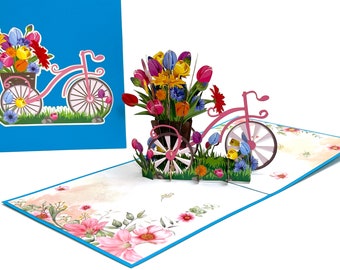 Bicycle With Tulip Basket - 3D Flower Birthday Card - 3D Pop Up Tulips Card - Valentines Pop Up Card - Tulips Get Well Card - Good Luck Card