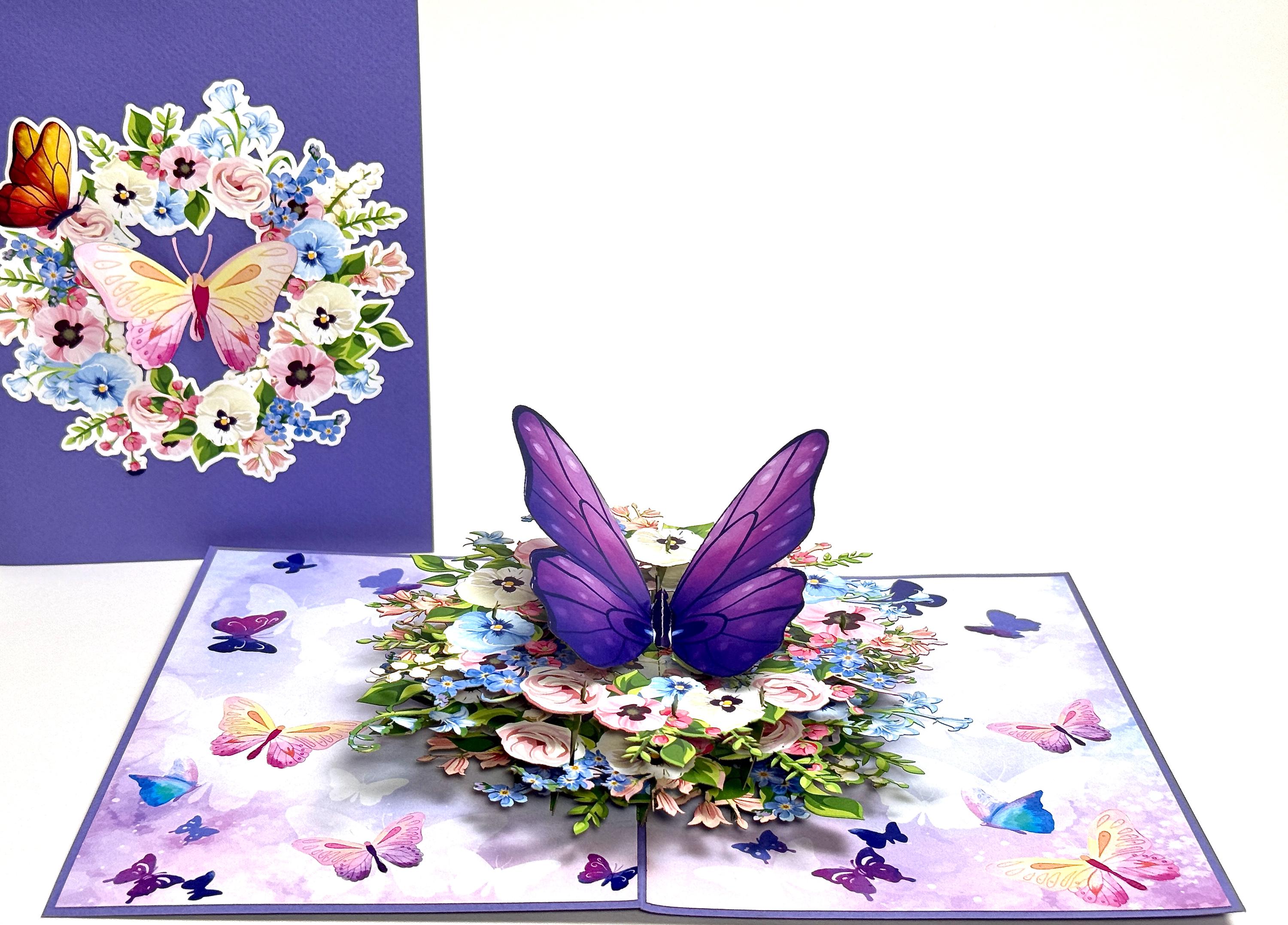 Colorful Pansies with Butterfly - 3D Pansy Birthday Card - Pop Up Mother&rsquo;s Day Card - Wedding Gifts - Anniversary Card - Gifts for Mom