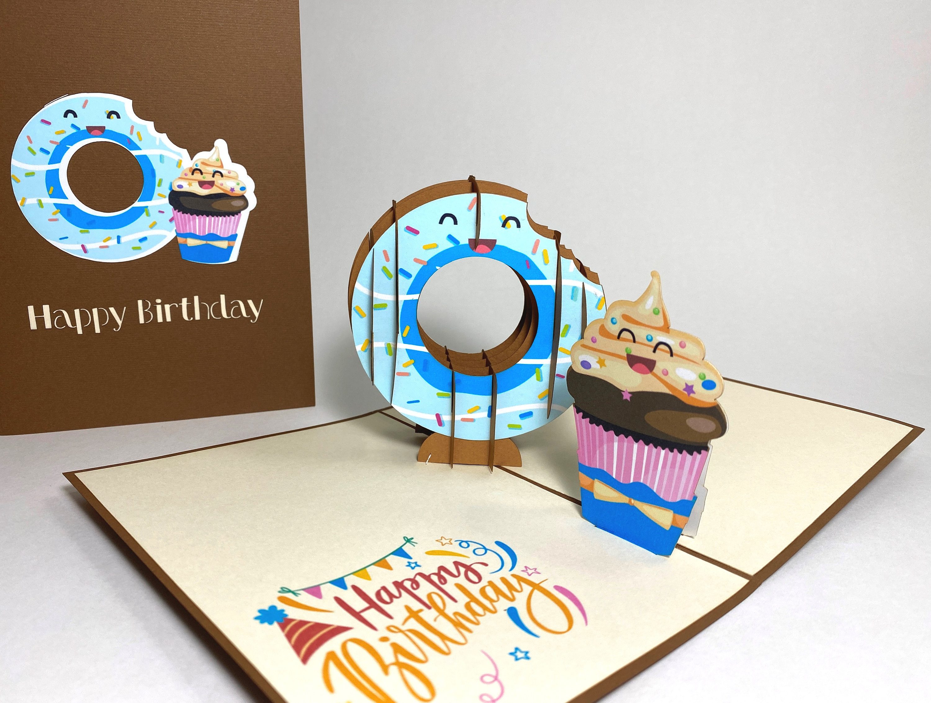 Cute Donut & Cupcake- 3D Handmade Pop Up Birthday Card - Doughnut Birthday Pop Up Card - Birthday Card For Donut Lovers- Funny Birthday Card