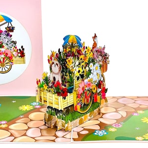 Dog and Cat on Flower Bicycle - 3D Flower Birthday Card - Dog and Cat Pop Up Card - Pet Pop Up Card - Pet Lover Card - Funny Birthday Card