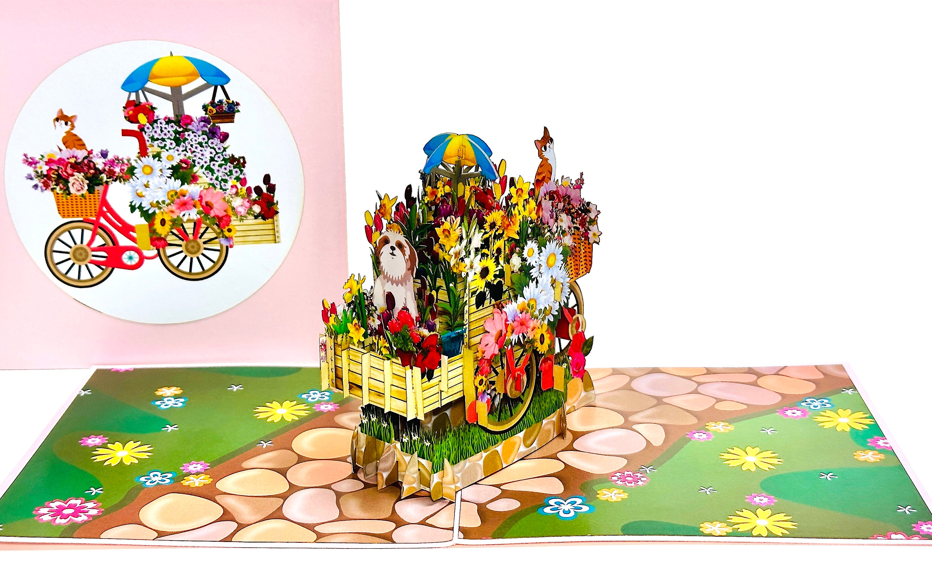 Dog and Cat on Flower Bicycle - 3D Flower Birthday Card - Dog and Cat Pop Up Card - Pet Pop Up Card - Pet Lover Card - Funny Birthday Card
