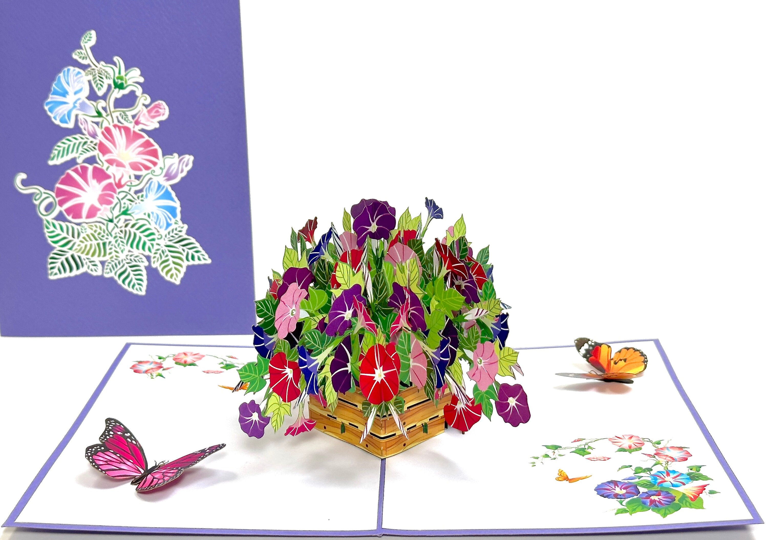 Petunias With Butterflies Pop Up Birthday Card - 3D Petunia Flowers Card - Pop Up Floral Thank You Card - Birthday Card - Good Luck Card