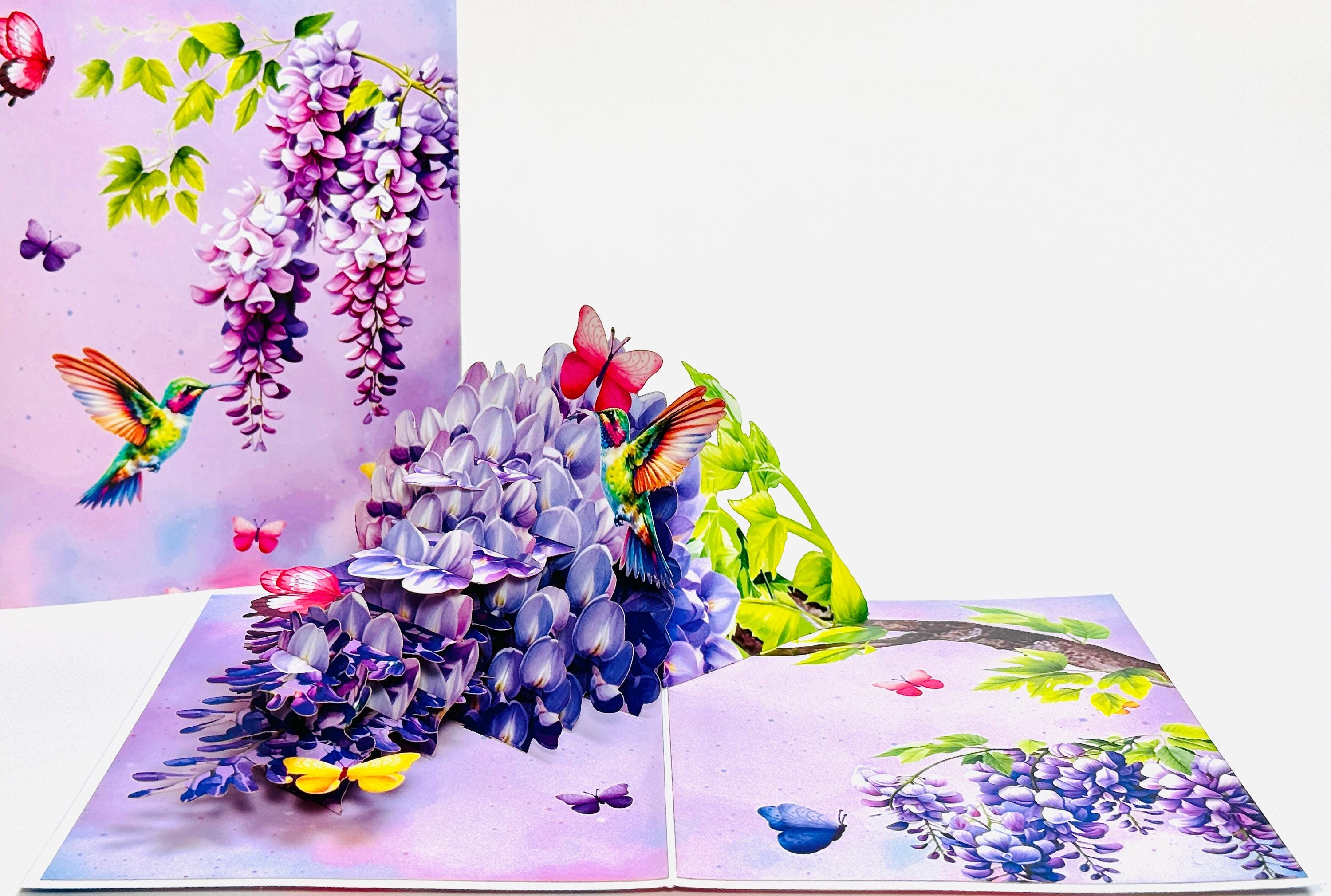 3D Wisteria Vines with Hummingbird and Butterflies Pop Up Card. Suitable for any occasion - Birthday, Mother’s Day, Thank You, Get Well