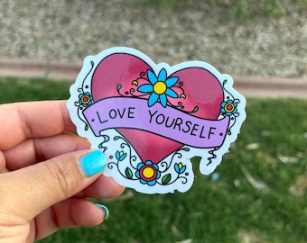 Love Yourself Floral Heart Sticker | Mental Health Awareness Decal