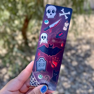 Horror themed bookmark, cute scary book lover gift, skull bats tombstone ghost spider knife eyeball bookmark