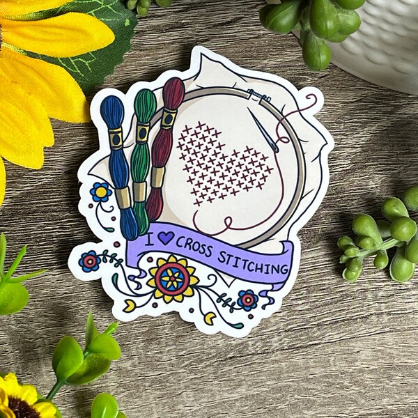 I love cross stitch sticker | Cross stitch gift | Needle cross stitch ring thread colorful floral art die cut sticker