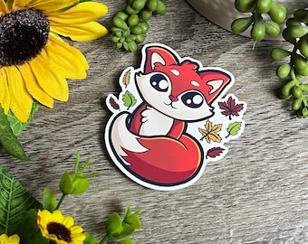 Cute Kawaii Orange Fox Fall Leaves Art Die Cut Sticker