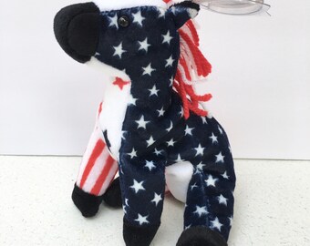 Ty Beanie Baby LEFTY 2000 Plush Red White and Blue Patriotic Donkey with Stars 