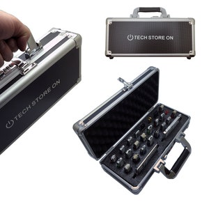 Organizador de unidade de memória flash USB portátil, estojo de transporte com alça superior, trava de combinação para viagem (alumínio, 24 slots USB, 2 slots para HDD)