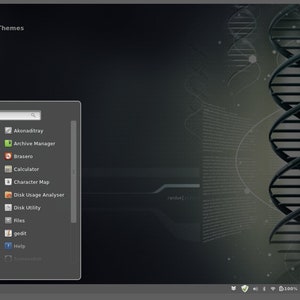 May include: A computer desktop with a dark gray theme. The screen displays a Windows interface with a menu of applications and a series of thumbnails on the right. The background features a DNA double helix graphic.