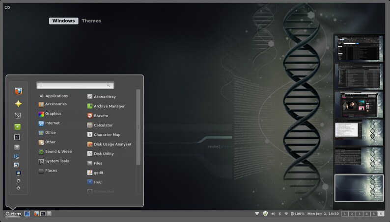 May include: A computer desktop with a dark gray theme. The screen displays a Windows interface with a menu of applications and a series of thumbnails on the right. The background features a DNA double helix graphic.