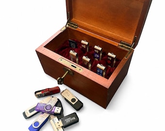 Premium Wooden USB Drive Organizer Case, Velvet Lined USB Storage Box with Key Lock