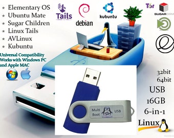 Universal 6-in-1 Linux Best Operating Systems Collection Install Recovery MultiBoot Bootable Live USB Flash Thumb Drive for PCs and MACs