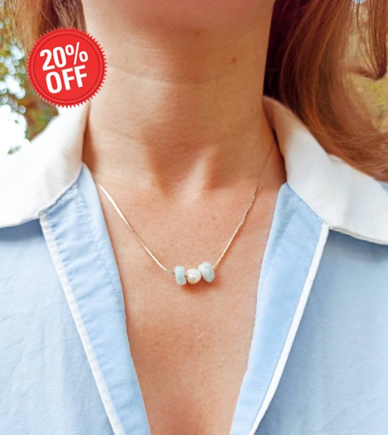Aquamarine beads necklace silver pearl necklace minimalist pearl necklace minimalist blue gems dainty pearl aquamarine necklace