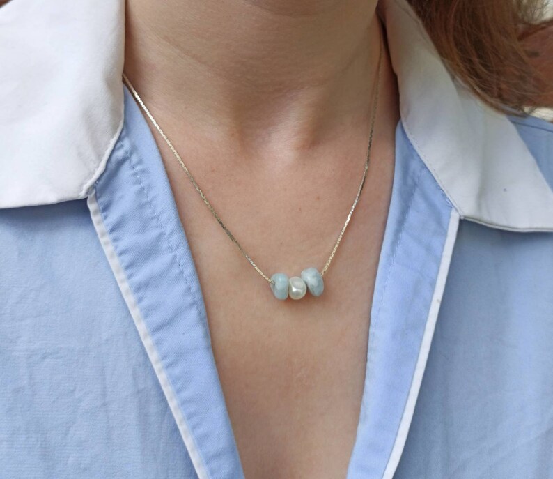 Aquamarine beads necklace silver pearl necklace minimalist pearl necklace minimalist blue gems dainty pearl aquamarine necklace