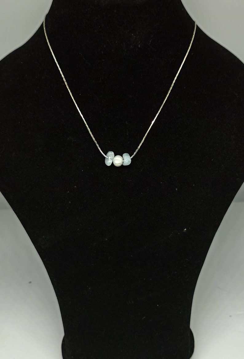Aquamarine beads necklace silver pearl necklace minimalist pearl necklace minimalist blue gems dainty pearl aquamarine necklace