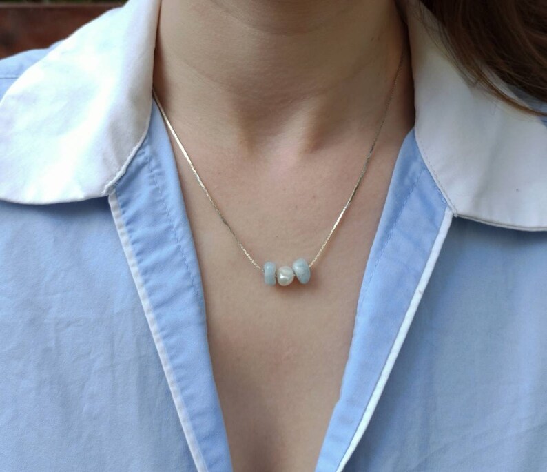 Aquamarine beads necklace silver pearl necklace minimalist pearl necklace minimalist blue gems dainty pearl aquamarine necklace