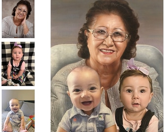 Commission portrait painting on canvas，Family portrait painting from photos，Turn photo into painting，Commission oil portrait from photo