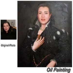 May include: Oil painting of a woman wearing a black and white dress with a pearl necklace and a red jewel brooch. The woman has dark hair and is looking directly at the viewer.