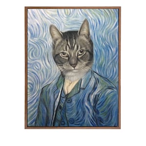Custom Hand Painted Royal Cat Portrait: Van Gogh Style Pet Memorial Painting