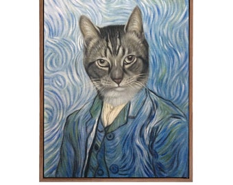 Custom Pet Portrait Oil Painting, Van Gogh Style Cat, Hand Painted Canvas Art