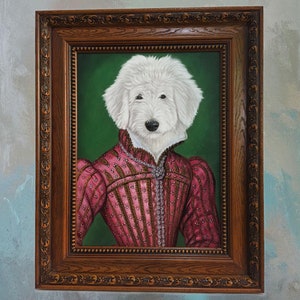 May include: A white dog wearing a pink and gold patterned dress with a pearl necklace. The dog is painted in a portrait style against a green background.