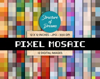 Op de afbeelding: Twaalf digitale afbeeldingen van gepixelde mozaïekpatronen in verschillende kleuren. Elke afbeelding is 30,48 cm bij 30,48 cm en 300 DPI. De tekst "Structure of Dreams" staat in een cirkel met een blauwe achtergrond en witte tekst. De tekst "PIXEL MOSAIC" staat in zwarte tekst op een witte achtergrond. De tekst "12 DIGITAL IMAGES" staat in witte tekst op een bruine achtergrond.