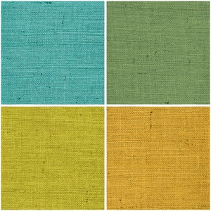 May include: A collage of four fabric swatches in different colors: teal, green, yellow, and orange. The fabric has a woven texture.