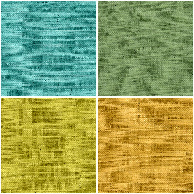 May include: A collage of four fabric swatches in different colors: teal, green, yellow, and orange. The fabric has a woven texture.