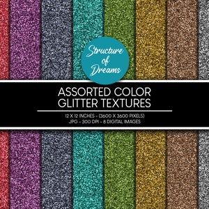 Op de afbeelding: Acht digitale afbeeldingen van glittertexturen in verschillende kleuren, waaronder rood, paars, grijs, turquoise, groen, goud, bruin en zilver. Elke afbeelding is 12 inch bij 12 inch en 3600 pixels bij 3600 pixels. De afbeeldingen zijn 300 DPI. De tekst "Structure of Dreams" en "Assorted Color Glitter Textures" wordt weergegeven op een zwarte banner.