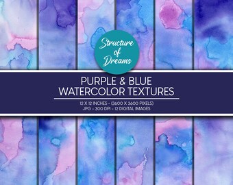 Purple & Blue Watercolor Textures - Digital Paper Set - Printable - Instant Download - Texture Pack - Texture Set - Texture Paper Background