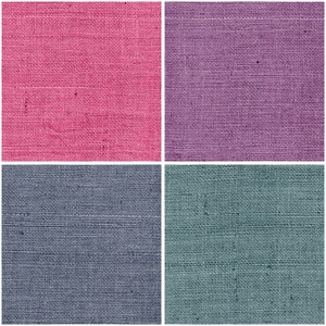 May include: Four fabric swatches in different colors: pink, purple, blue, and teal. The fabric has a woven texture.
