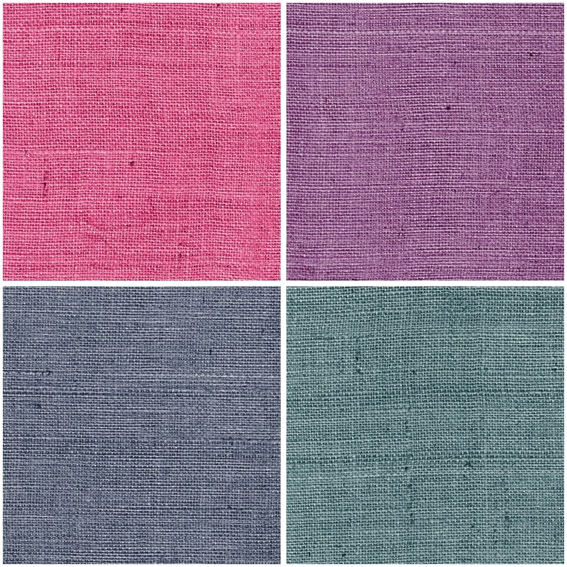 May include: Four fabric swatches in different colors: pink, purple, blue, and teal. The fabric has a woven texture.