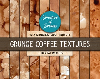 May include: Ten digital images of brown coffee stain textures on white paper. Each image is 12 inches by 12 inches and 300 DPI. The images are labeled "Grunge Coffee Textures".